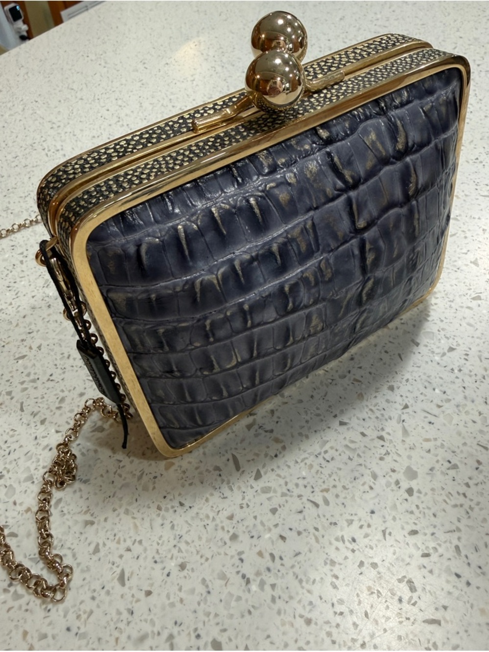 Brahmin Blue Croc-Print Box Clutch with Gold Hardware - Picture 2 of 7